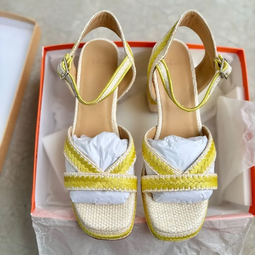 Castaner Vega Heels Heeled Sandals Shoes Raffia Embroidered Tan Green NIB 41